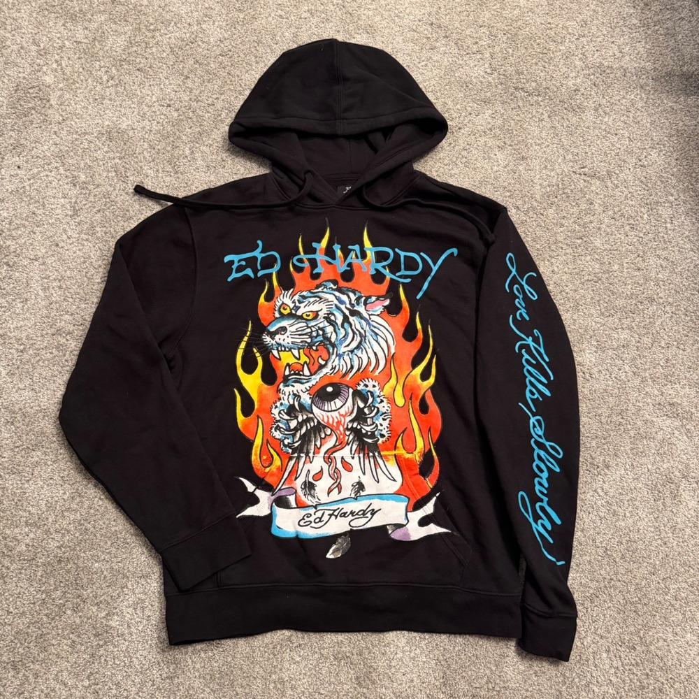 Y2K Ed Hardy Mens Black Graphic Hoodie Tiger Flame Love Kills Slowly Size M